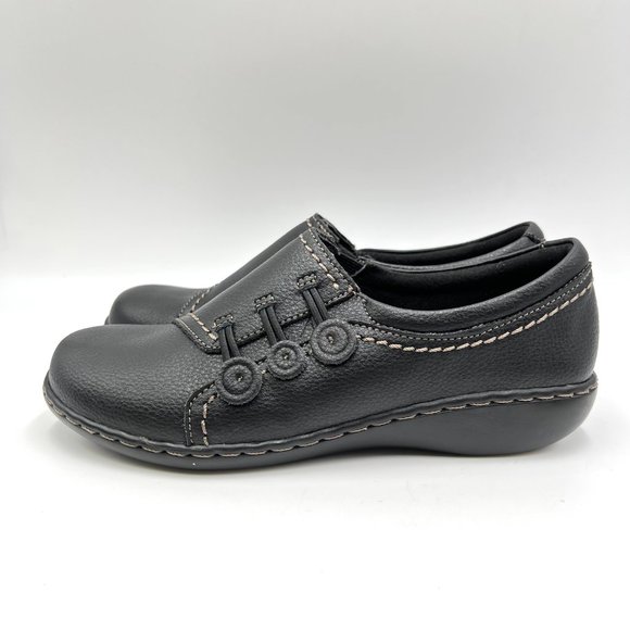 6W 6 WIDE Clarks Ashland Effie Black Pebbled Leather Comfort Loafers Shoes - Picture 6 of 10